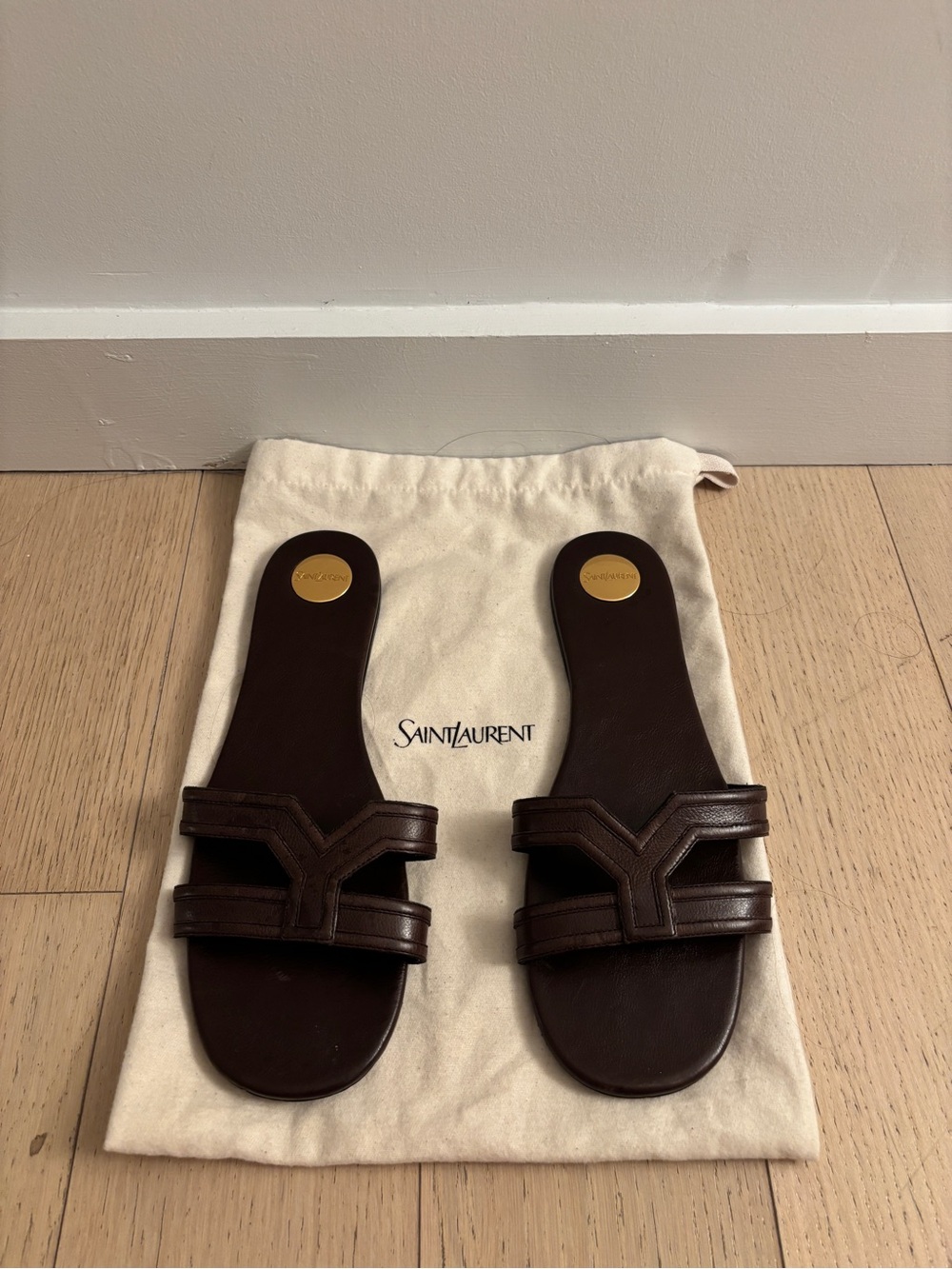 Saint Laurent Women’s Brown Leather Mabrouka Slide Sandals